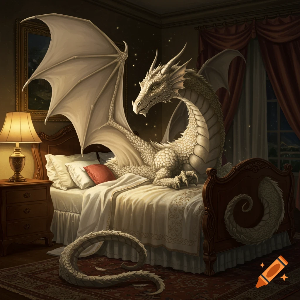 A large, white, scaly dragon with expansive wings lies on a comfortable bed in a dimly lit bedroom.