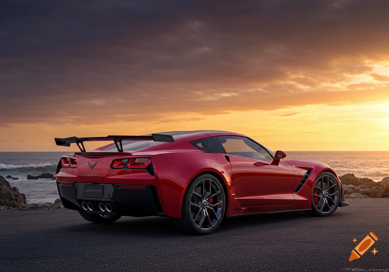 A red Corvette ZR1 sports car parked on an asphalt road with a dramatic sunset over the ocean in the background.