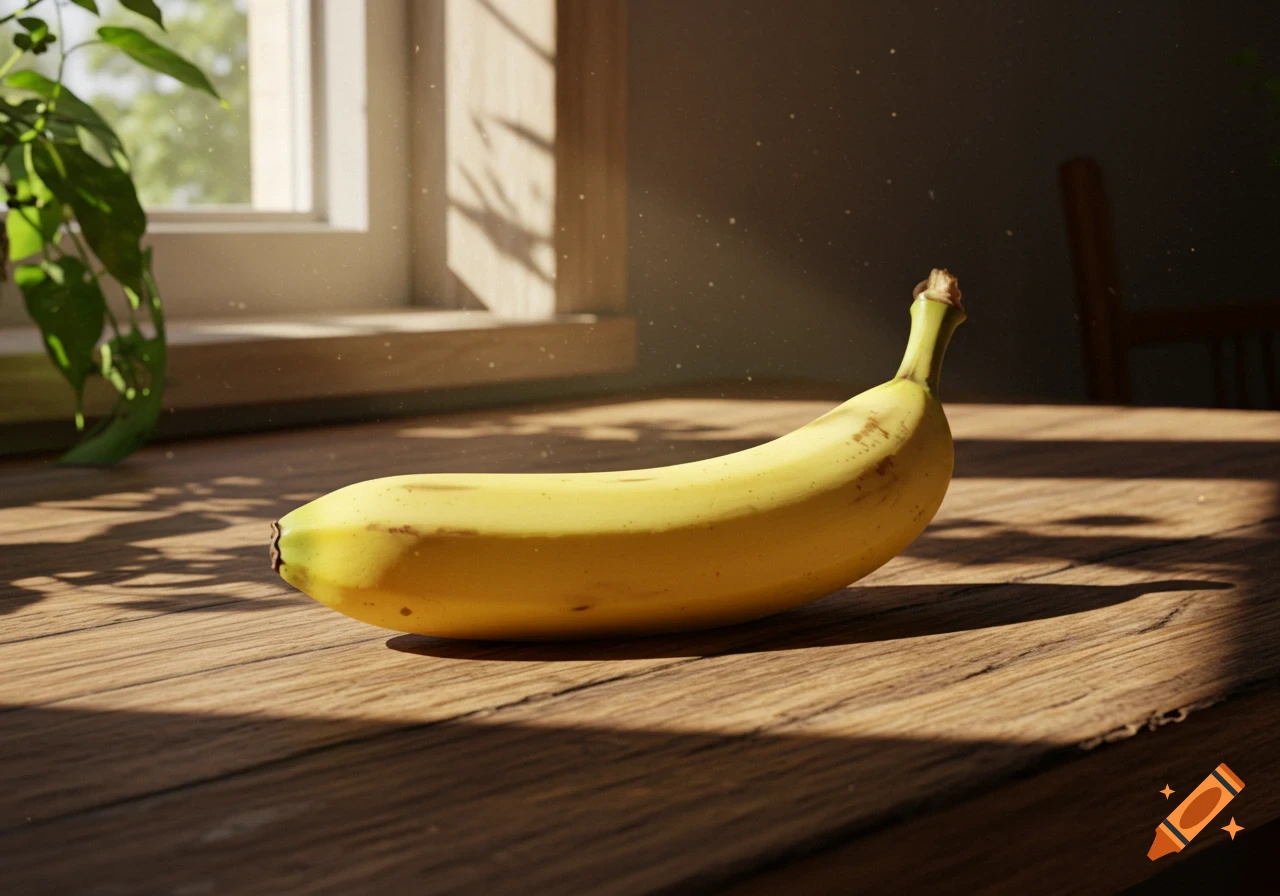 A photorealistic image of a ripe yellow banana lying on a sunlit wooden table near a window.
