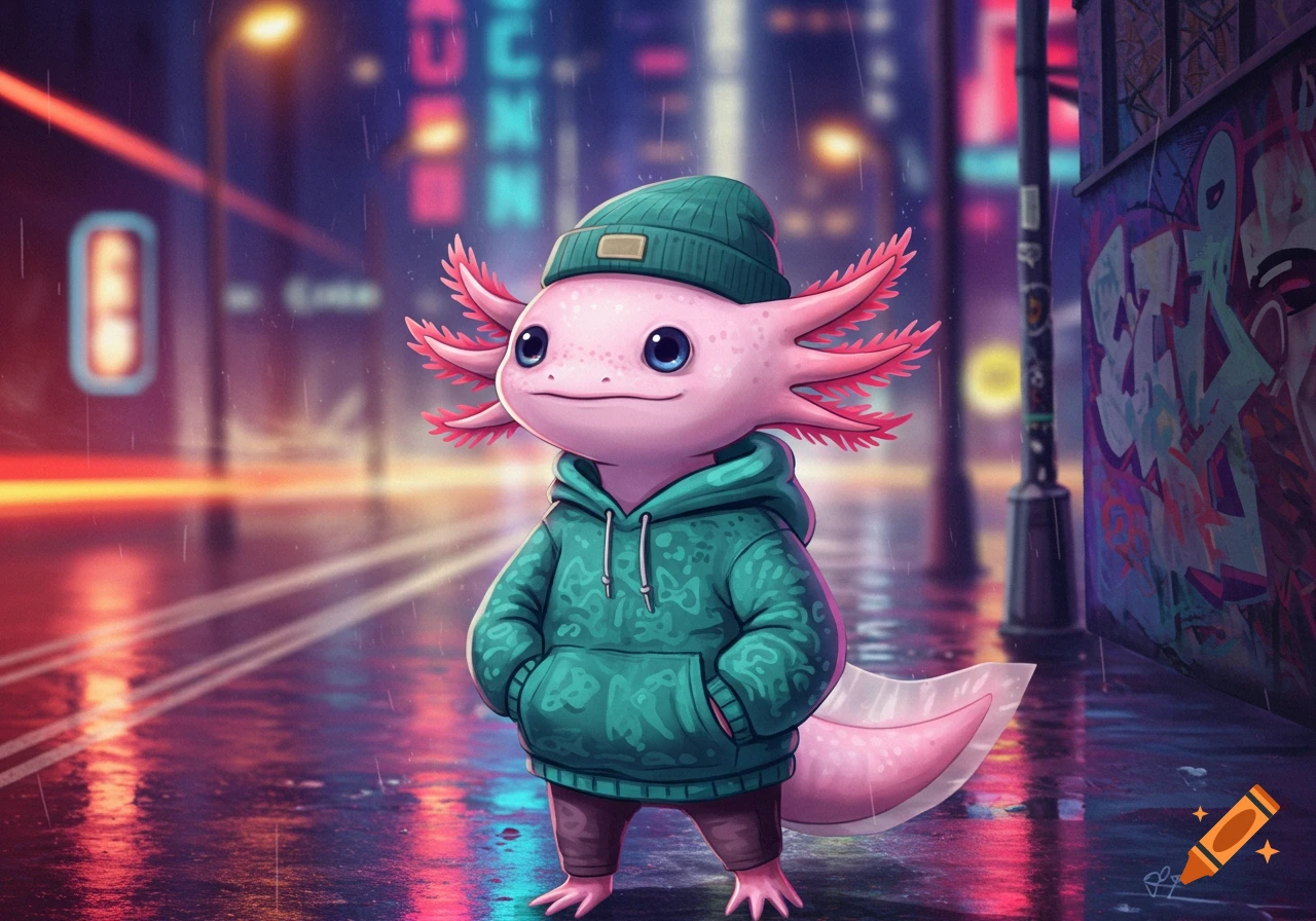 A cute, cartoon axolotl wearing a green beanie and teal hoodie stands on a rainy city street at night.