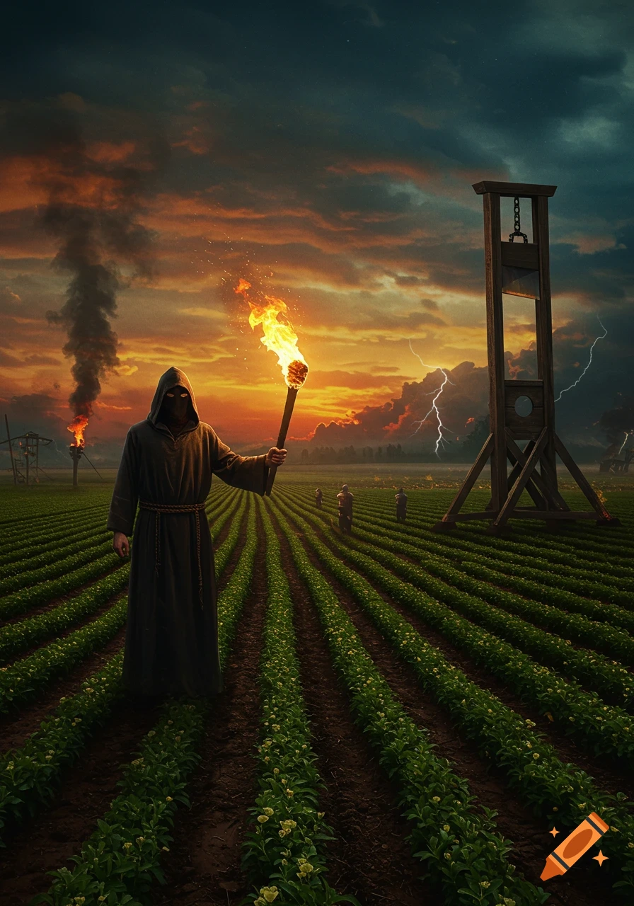 A hooded figure holds a burning torch in a field of crops at sunset, with a guillotine and plumes of smoke in the background under a stormy sky.