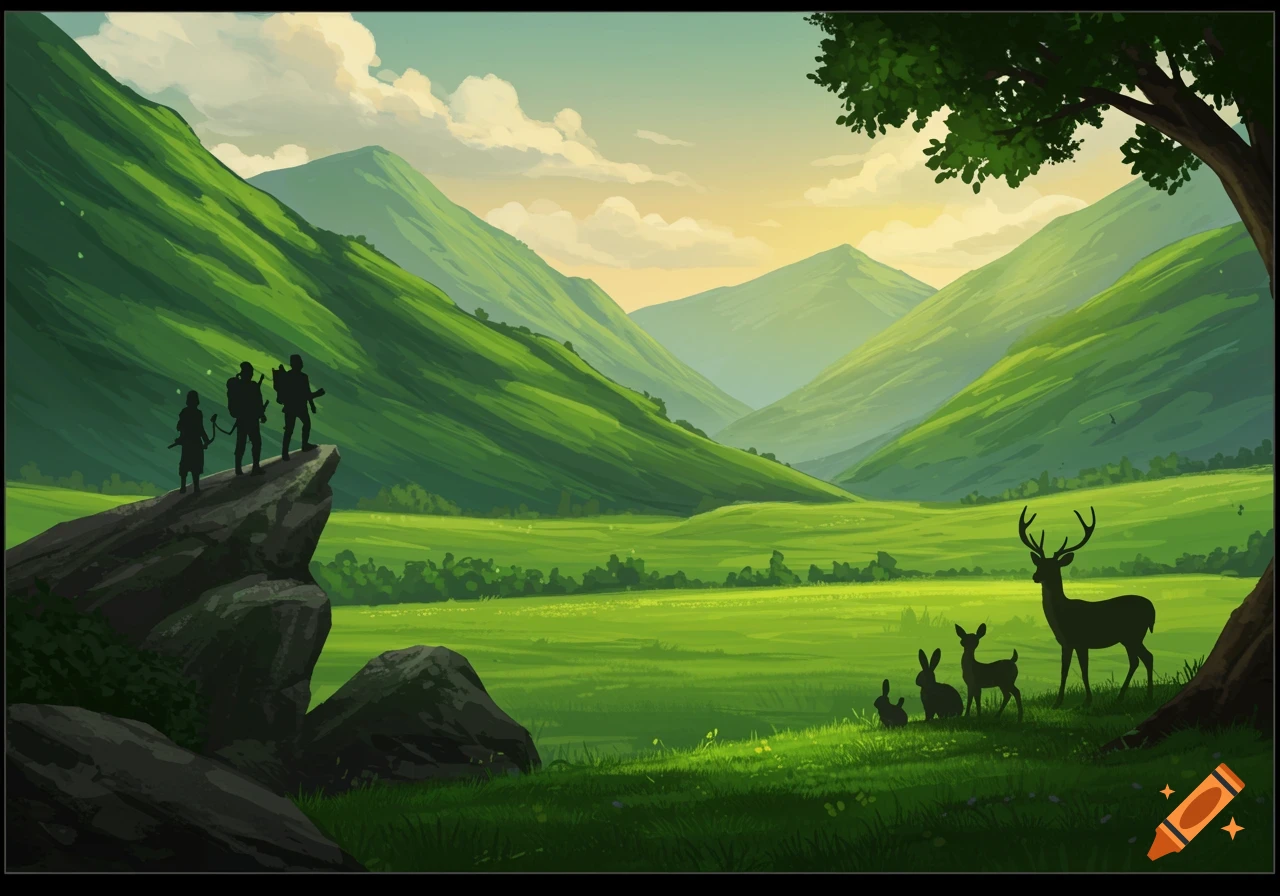 Illustration of three hikers on a rock overlooking green mountains and plains with silhouetted deer and rabbits.