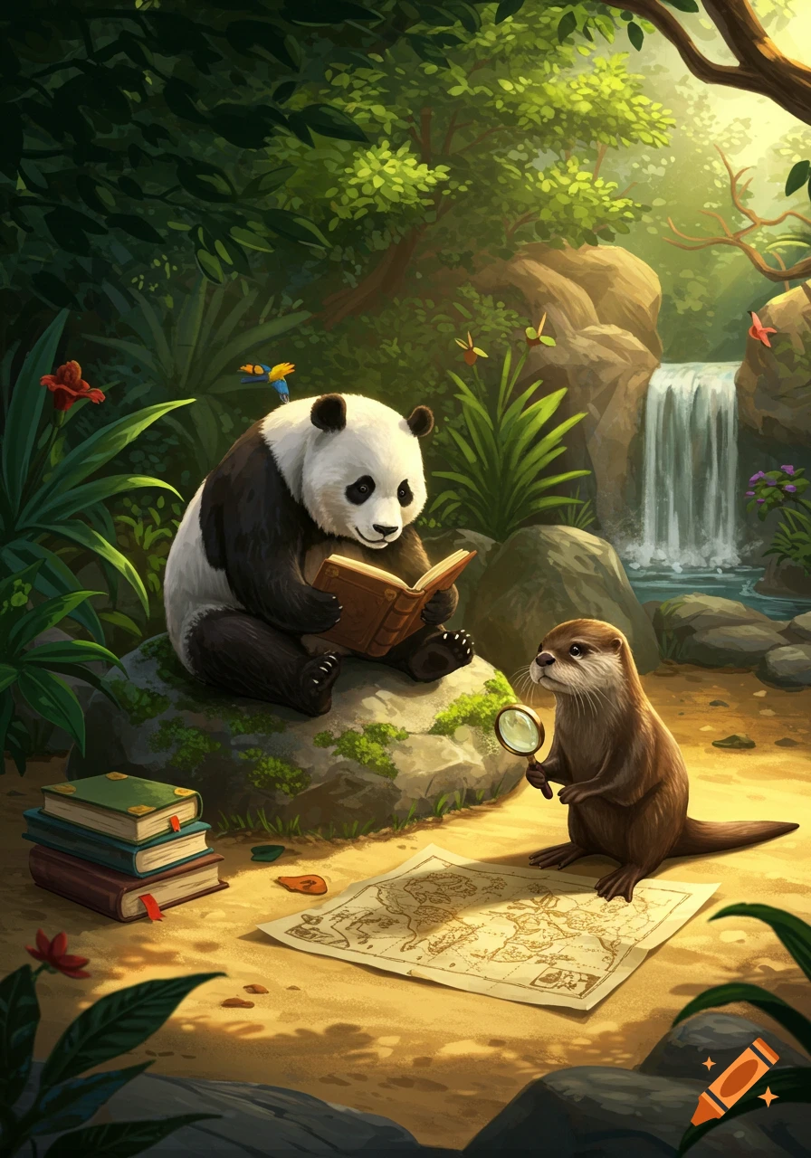 An illustrated panda sits on a rock reading a book while an otter with a magnifying glass examines a map on the ground in a vibrant jungle with a waterfall.