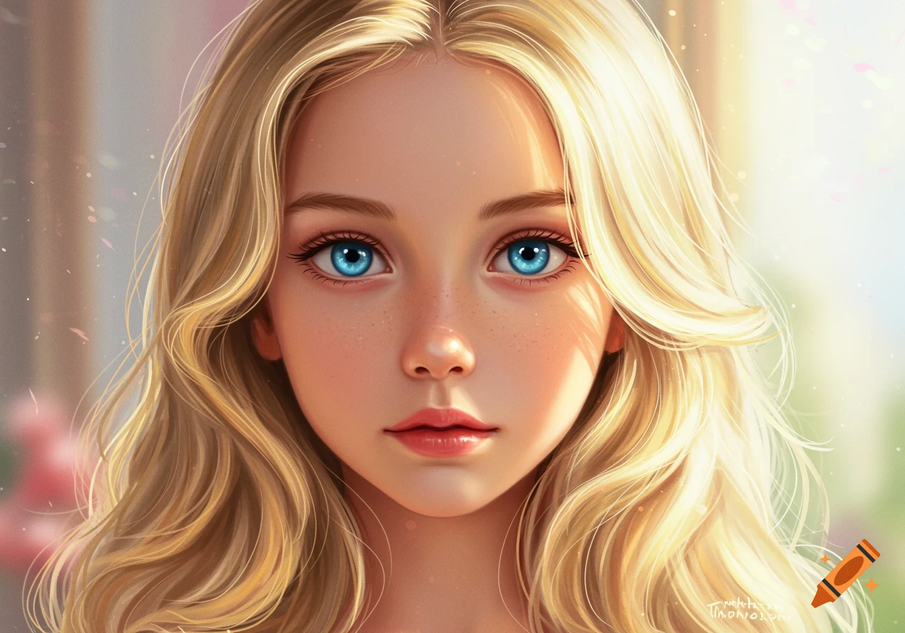 Close-up digital painting portrait of a young girl with bright blue eyes, blonde hair, and freckles, bathed in warm light.