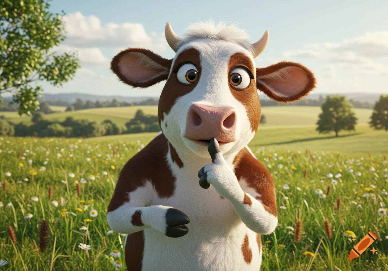A detailed cartoon cow with brown and white patches stands in a green field, shushing with a finger to its lips.