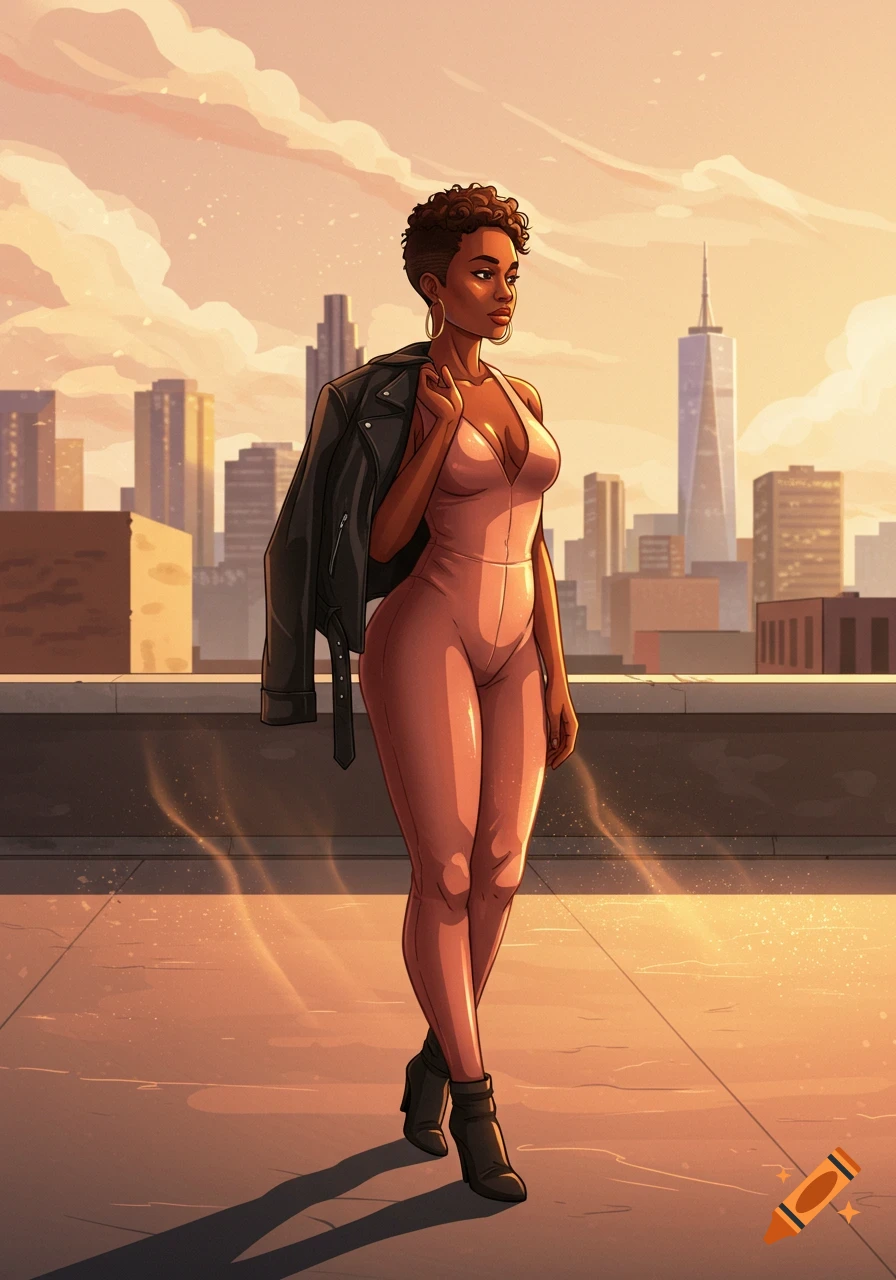 Illustration of a woman in a pink jumpsuit and black leather jacket standing on a city rooftop at sunset.