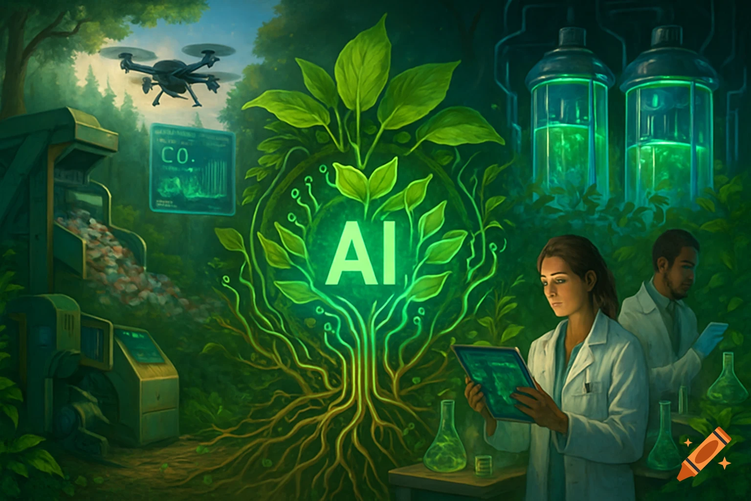 Scientists work in a futuristic, lush green biotechnology lab with a glowing 'AI' symbol, a drone, and industrial elements.