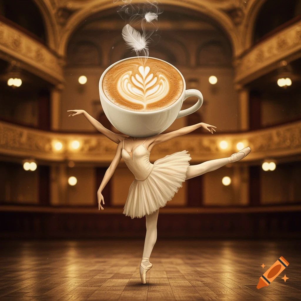 A ballerina with a large cappuccino cup as a head, performing en pointe on a wooden stage in a grand, ornate theater.