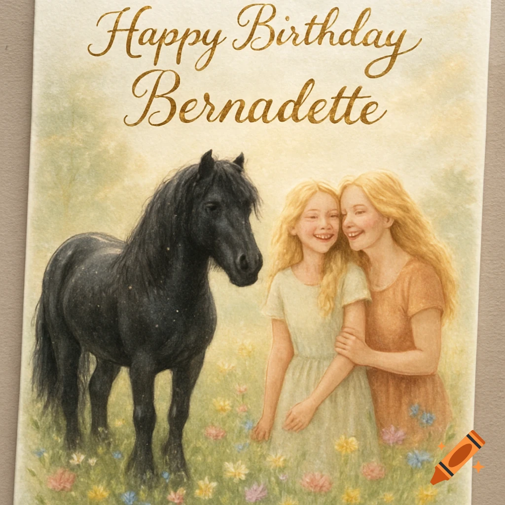 A painted birthday card with 'Happy Birthday Bernadette' text, showing a black pony, a blonde woman, and a girl in a field.