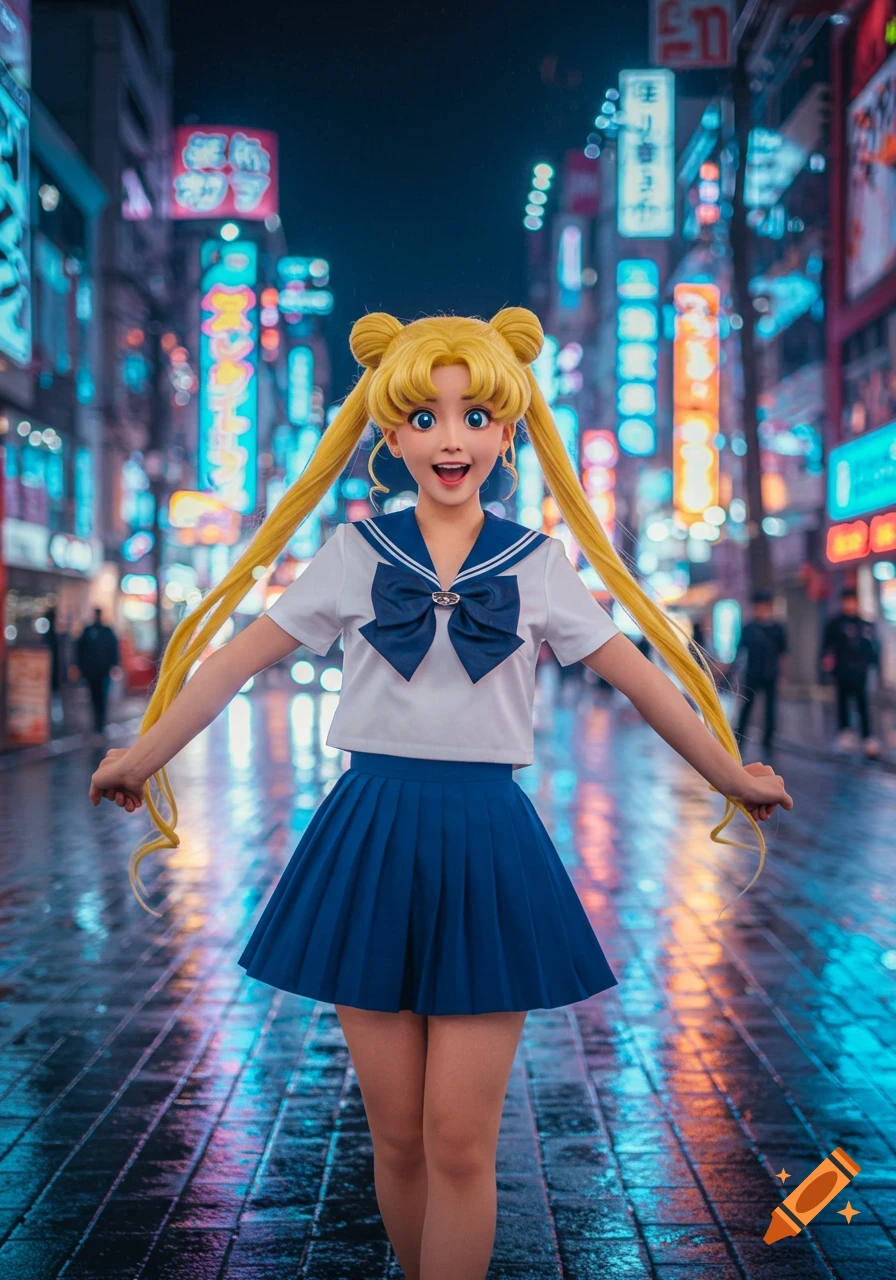 A photorealistic image of Usagi from Sailor Moon in a school uniform, happily posing on a wet city street at night with blurry neon lights.