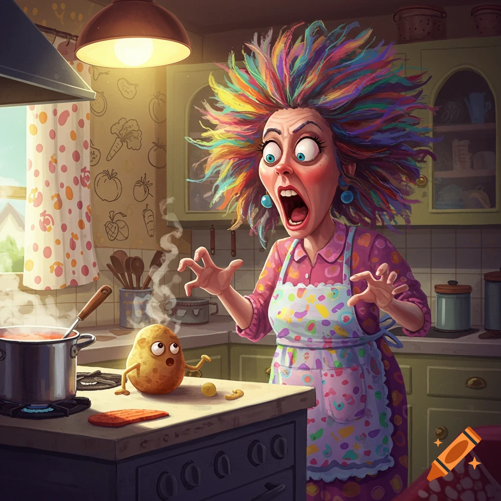 A cartoonish, wacky woman with wild, colorful hair screams dramatically at a scared, anthropomorphic potato in a kitchen.