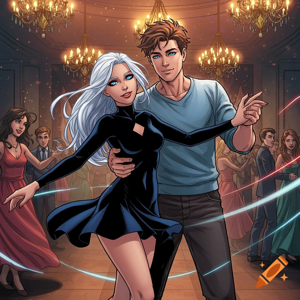 A young man and woman with blue eyes dance in a ballroom, drawn in a Marvel comic book style.