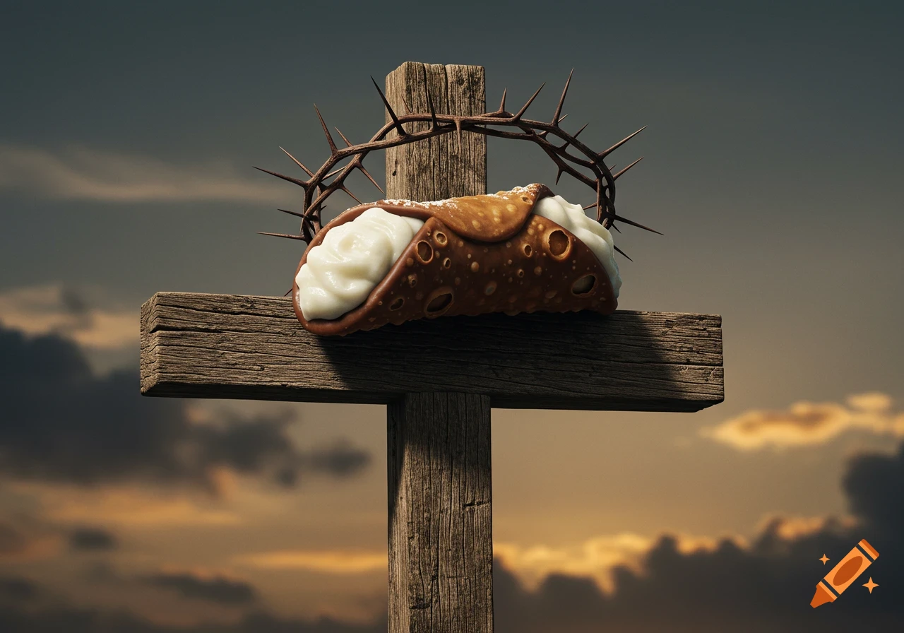 A photorealistic image of a chocolate-covered cannoli resting on a wooden cross, topped with a crown of thorns, against a dramatic, cloudy sky.