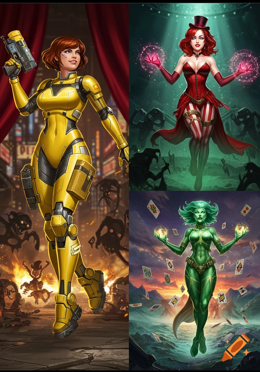 A collage of four fantasy/sci-fi female characters: a woman in a yellow exo-suit with a blaster, a woman in a red burlesque costume with a top hat, and a green-skinned woman in a green bodysuit surrounded by floating playing cards.