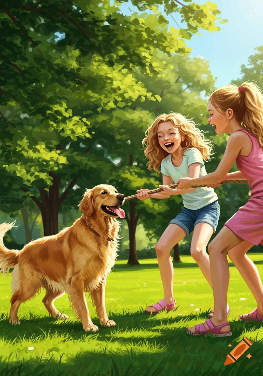 Two smiling girls and a golden retriever play tug-of-war with a rope in a sunny park, illustrated in a vibrant style.