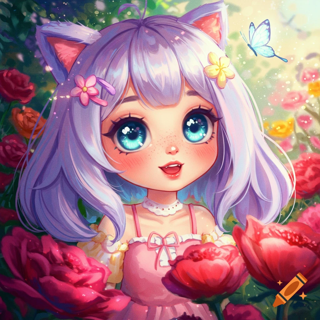 Cute anime girl with purple hair, cat ears, and big blue eyes, smiling among colorful flowers with a butterfly flying nearby.