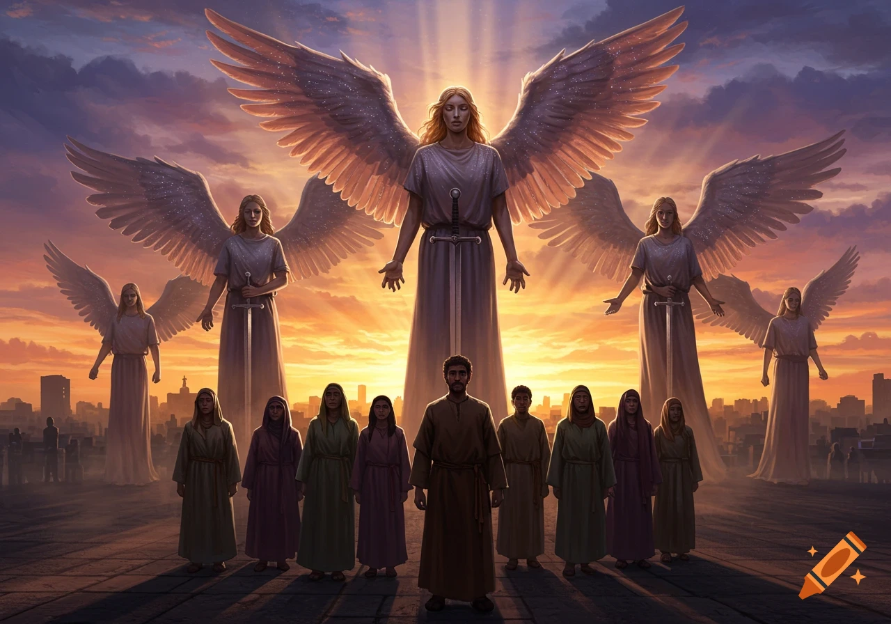 Large angels with majestic wings stand protectively over a group of people at sunset with a city skyline backdrop.