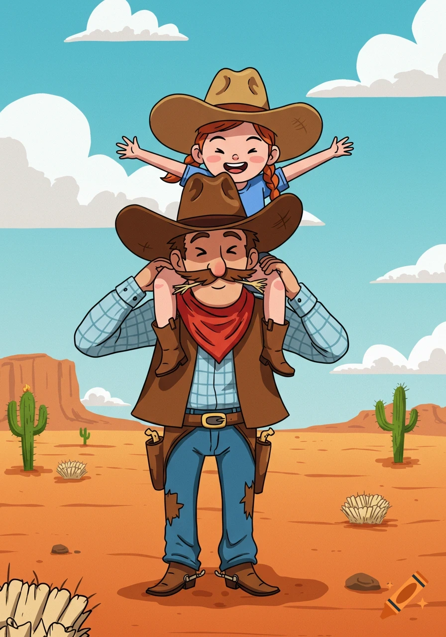 A vibrant cartoon of a smiling cowboy carrying a cheerful girl on his shoulders in a sunny desert landscape with cacti.