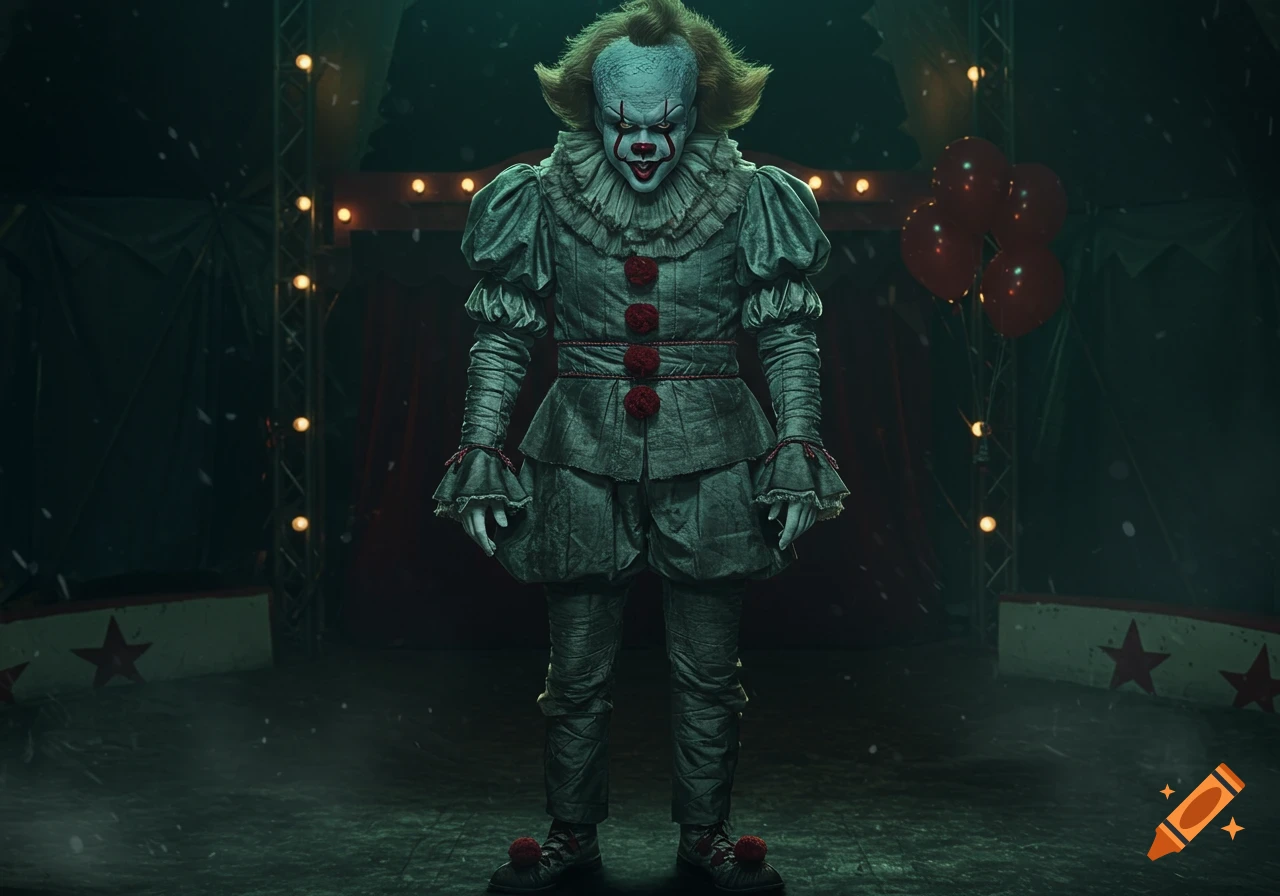 A terrifying clown resembling Pennywise stands in a dark, atmospheric circus tent with red balloons floating nearby.