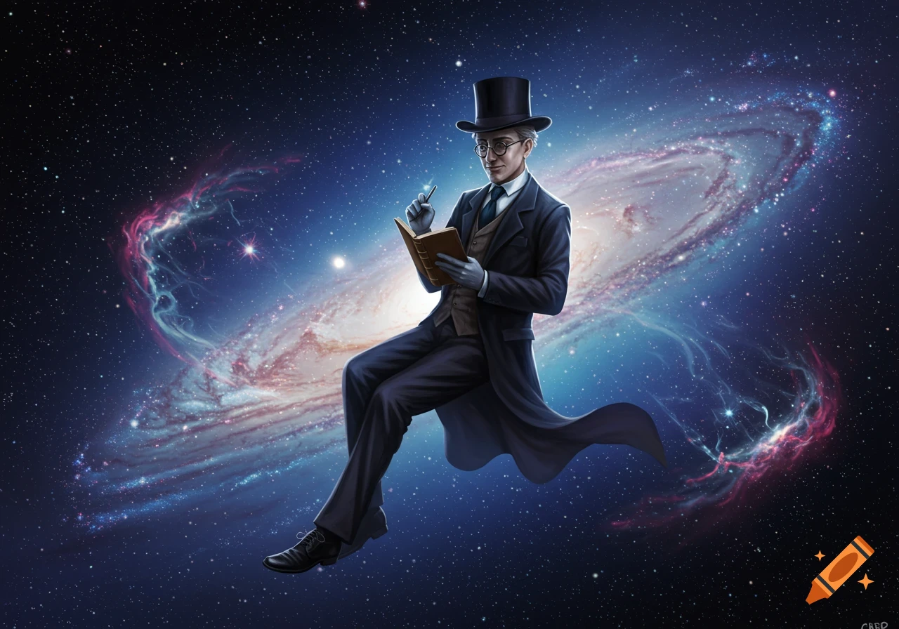 A man in a top hat and suit floats in space, holding a book and pen, with a spiral galaxy behind him.