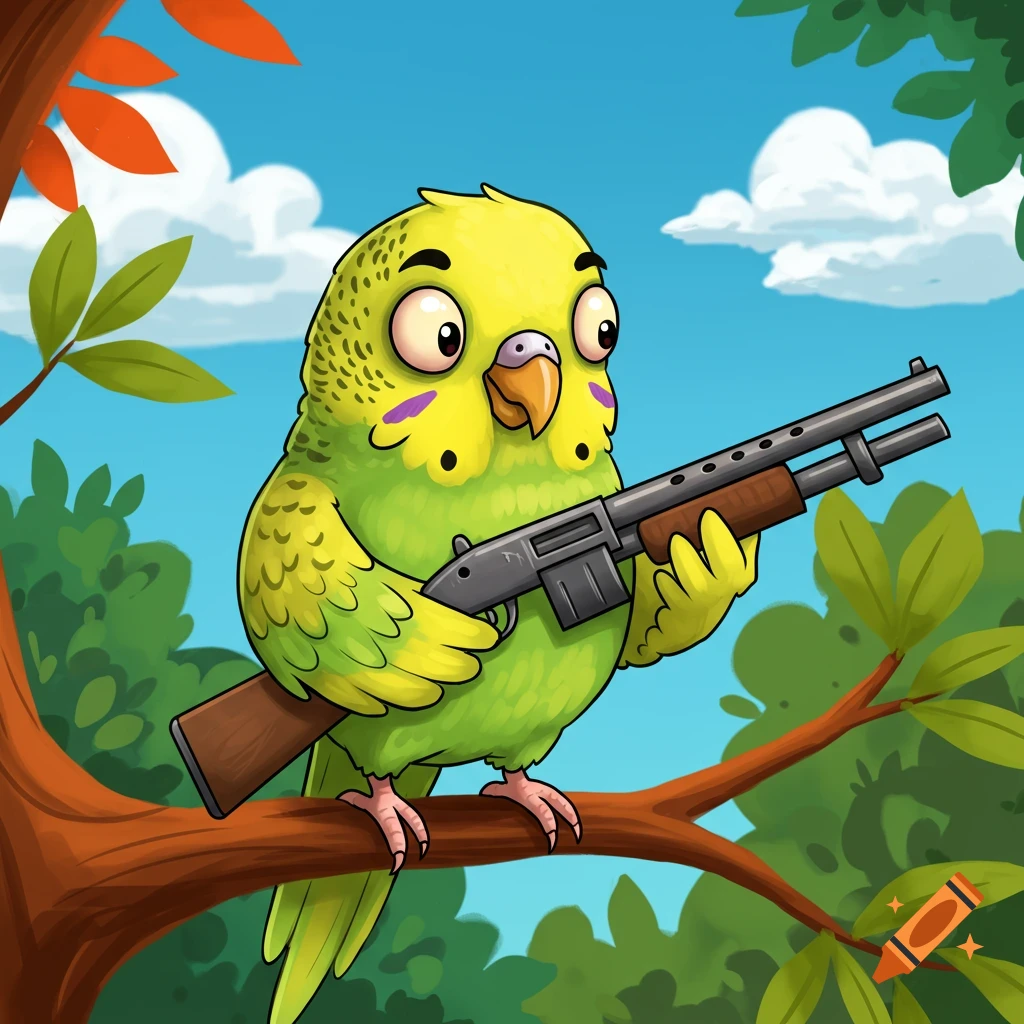 A cartoon parakeet with wide eyes sits on a tree branch, holding a shotgun. The background is a blue sky and green foliage.