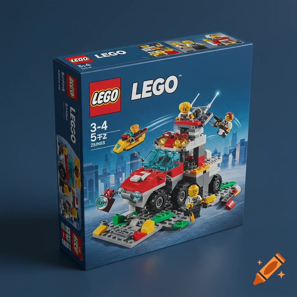 A photorealistic image of a sealed blue Lego box featuring a red and grey toy vehicle with minifigures.