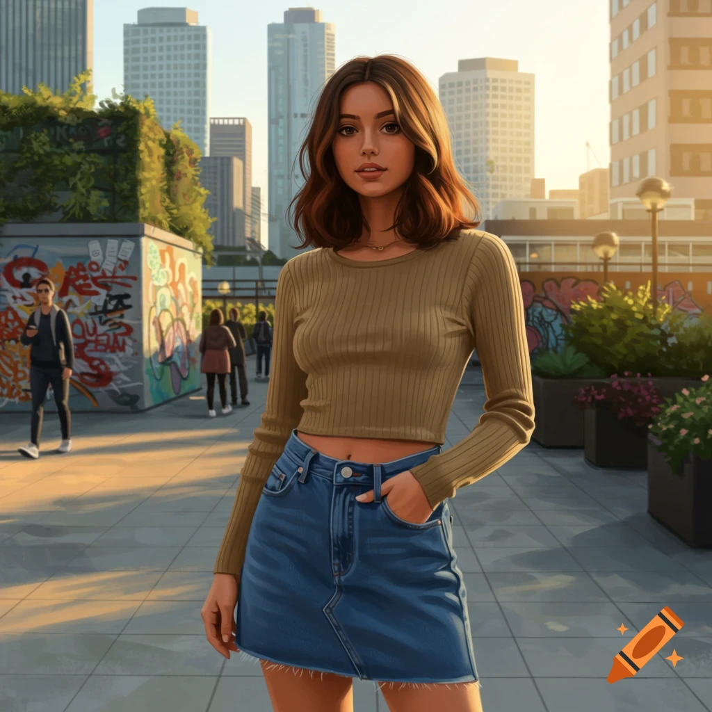 A young brunette woman in a cropped long-sleeve shirt and denim mini skirt stands in an urban setting with graffiti-covered walls and city buildings in the background.
