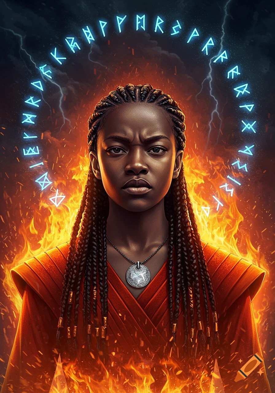 A fierce African American woman with black braids and a silver medallion stands surrounded by fire, with glowing blue runes arcing above her head.