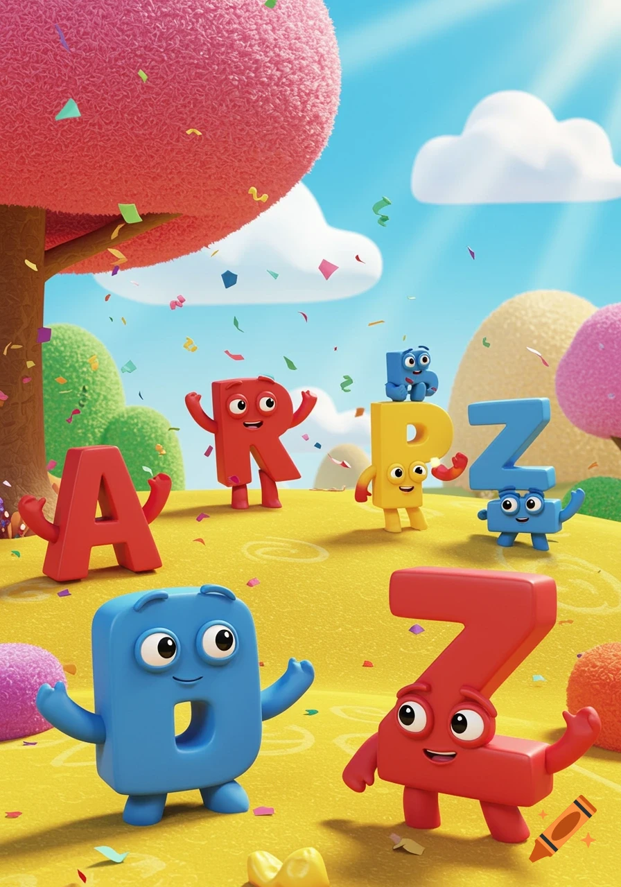 Colorful 3D animated letters with faces and limbs, including A, R, B, P, Z, and D, standing in a cheerful, whimsical landscape with confetti falling.