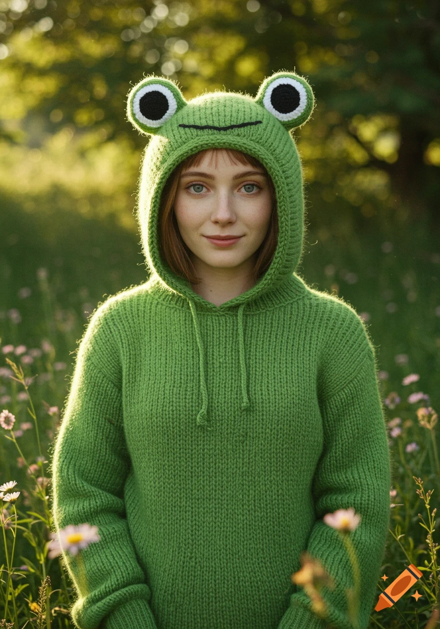 A young woman in a green knitted frog hoodie stands in a sunlit field of wildflowers.