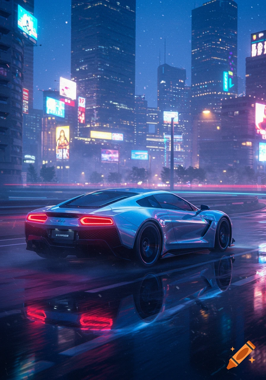 A sleek silver sports car with glowing red taillights drives on a wet city street at night, reflecting neon lights from tall buildings.