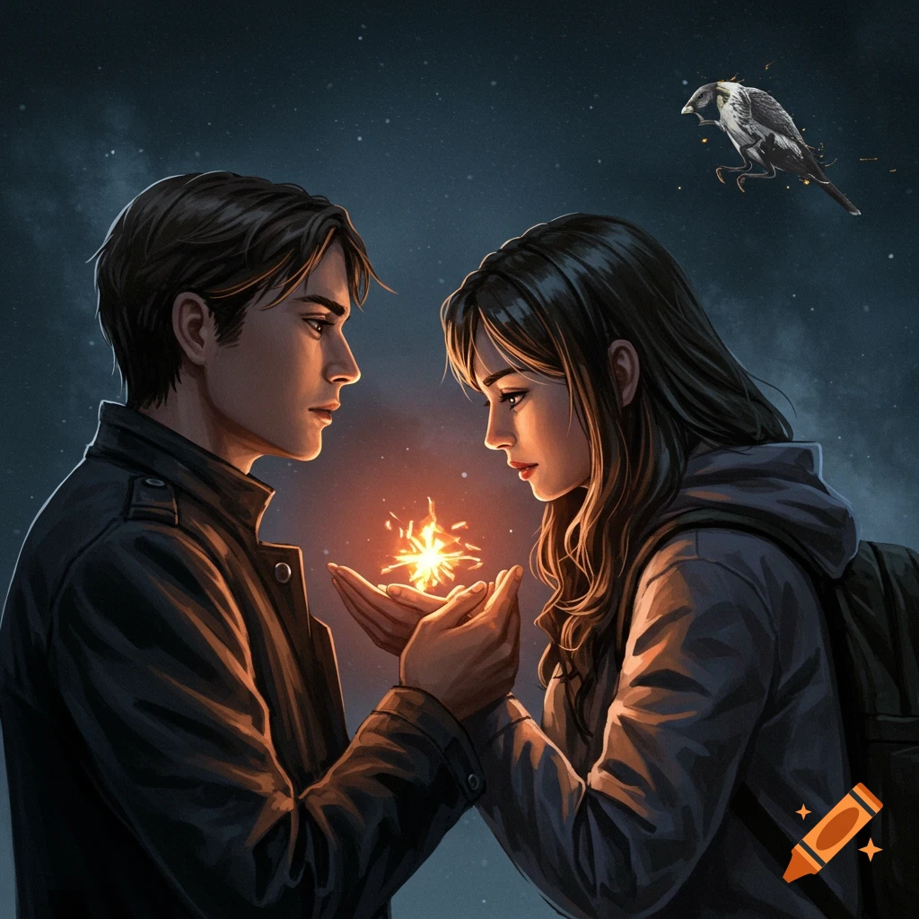 An illustration of a young man and woman under a starry night sky, holding a bright, glowing, magical light between their hands. A bird flies above.