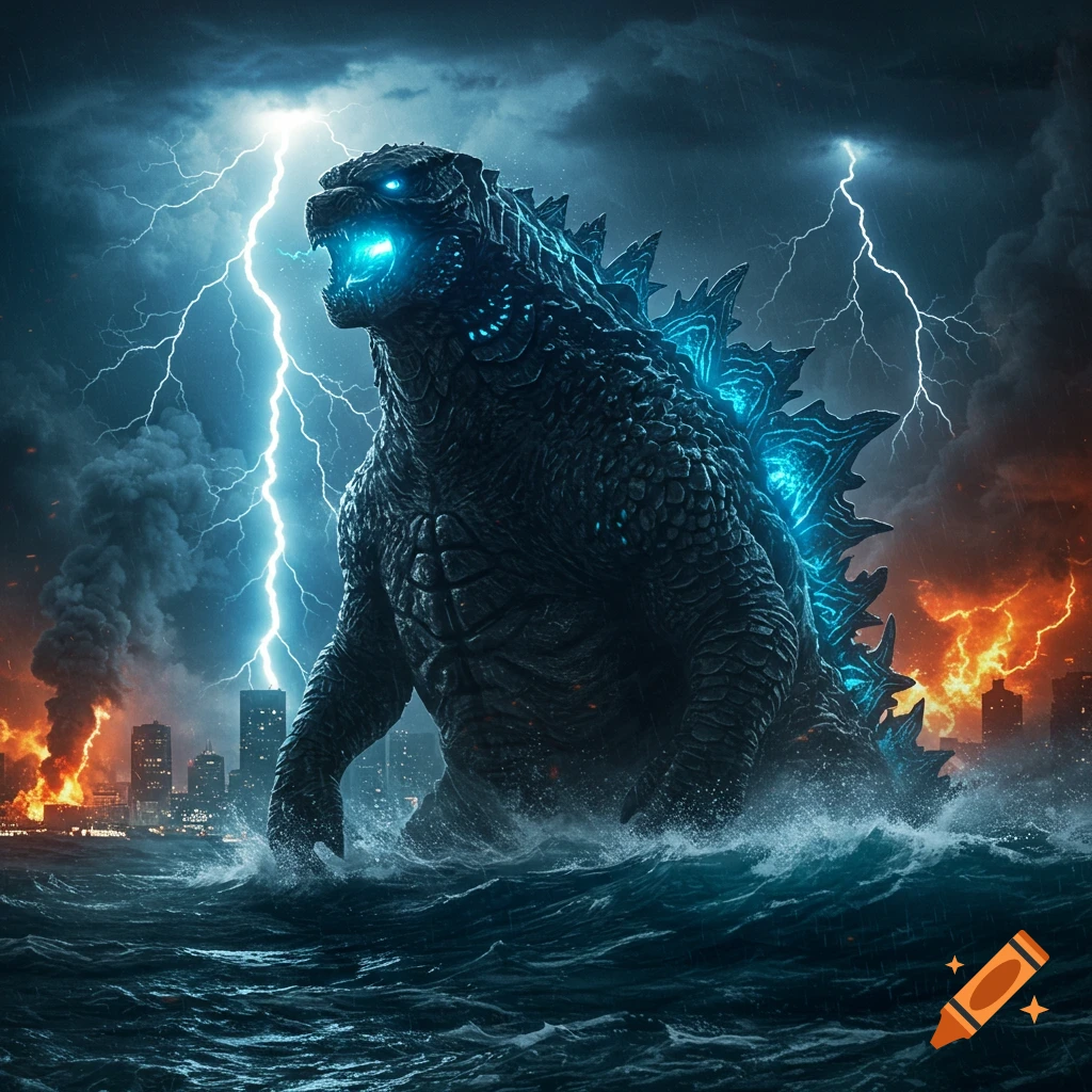 Photorealistic Godzilla emerges from stormy ocean water, roaring, with lightning striking and a burning city in the background.
