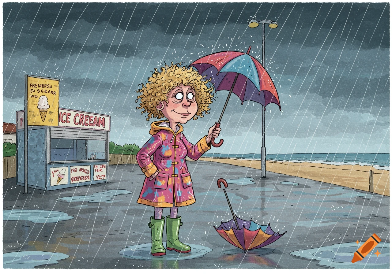 A sarcastically cheerful woman in a colorful raincoat and wellies stands in pouring rain on a bleak beach with a broken umbrella next to an ice cream stand. Cartoon style.