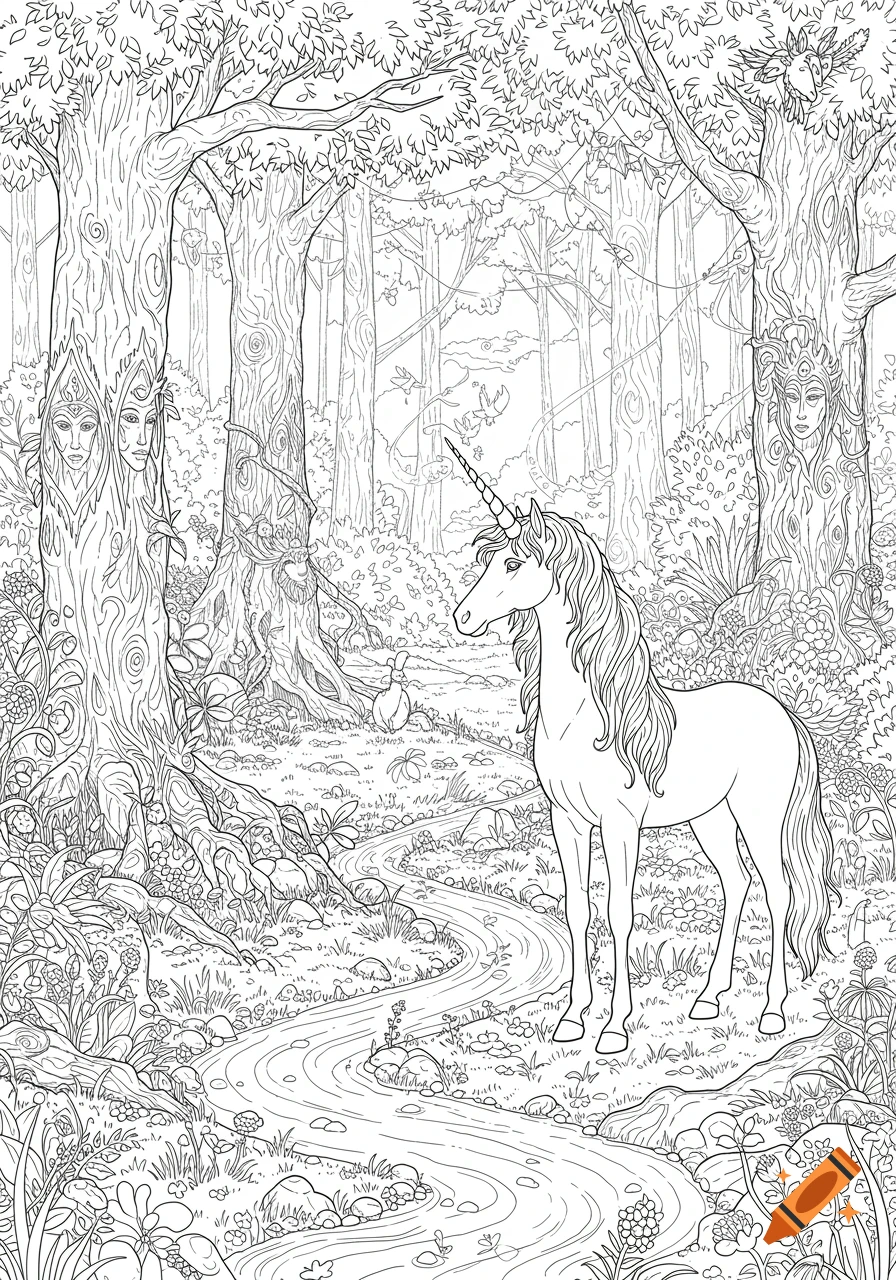 A black and white line drawing of a unicorn standing beside a stream in a whimsical forest with intricately carved faces on the trees, in the style of a coloring page.