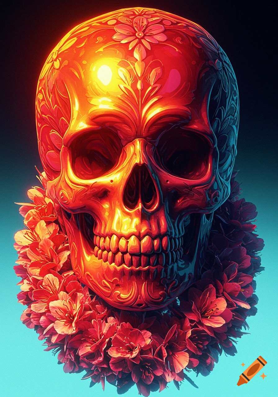 A vibrant, glowing red and orange skull with intricate patterns, surrounded by a lush wreath of red flowers, against a dark to light blue gradient background.