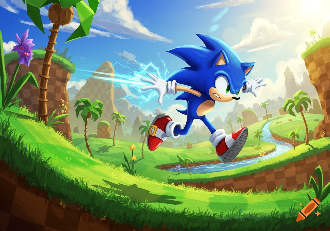 Sonic the Hedgehog speeds through a lush, green landscape with blue skies and winding rivers, leaving a trail of blue electricity.