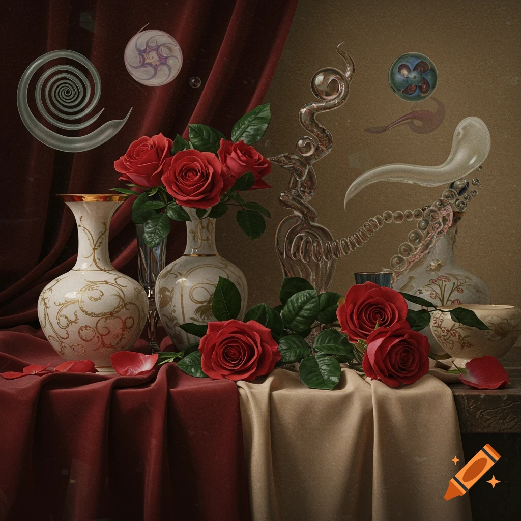 A still life painting featuring red roses in ornate vases on draped fabric, with surreal floating glass and crystal objects in the background.