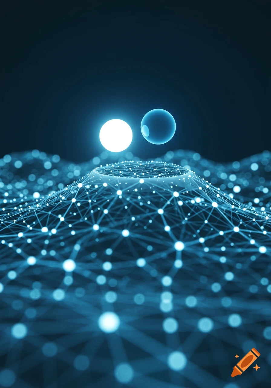 Abstract glowing blue interconnected network of nodes, with two bright spheres (one white, one translucent blue) floating above a peak. Futuristic.