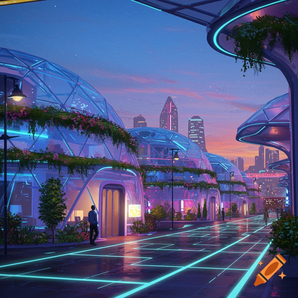 A vibrant, futuristic street scene at dusk, featuring dome-shaped buildings adorned with plants and illuminated by neon lights.