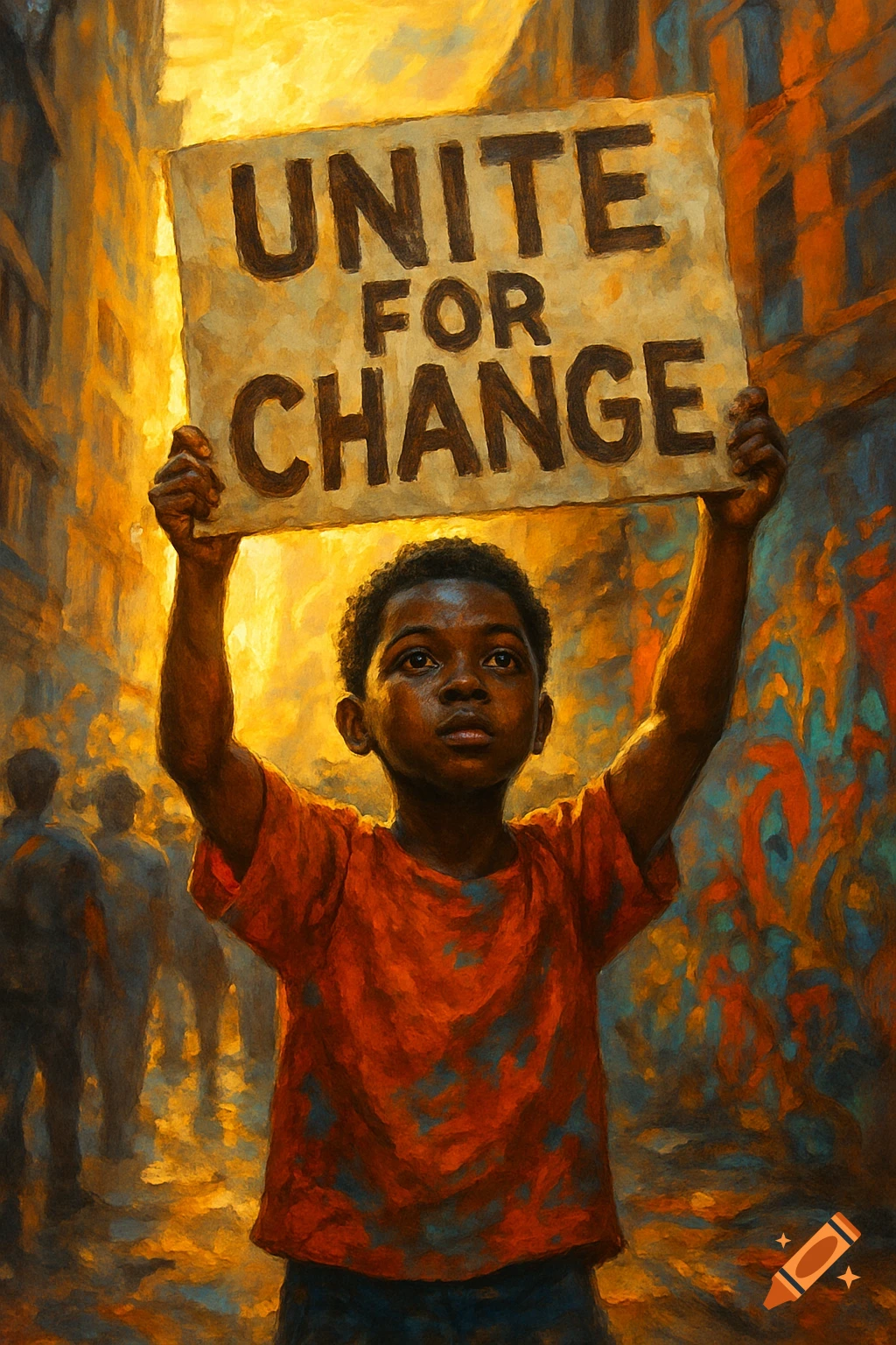 A young Black child holds a protest sign saying 'UNITE FOR CHANGE' overhead, depicted in a warm, painterly style.