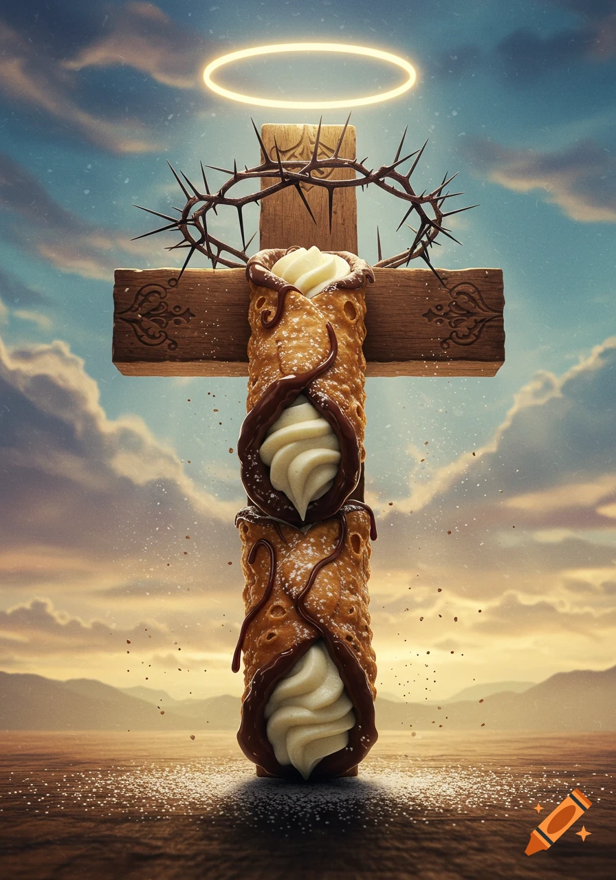 A photorealistic cross made of chocolate-covered cannoli with a crown of thorns and glowing halo against a cloudy sky.