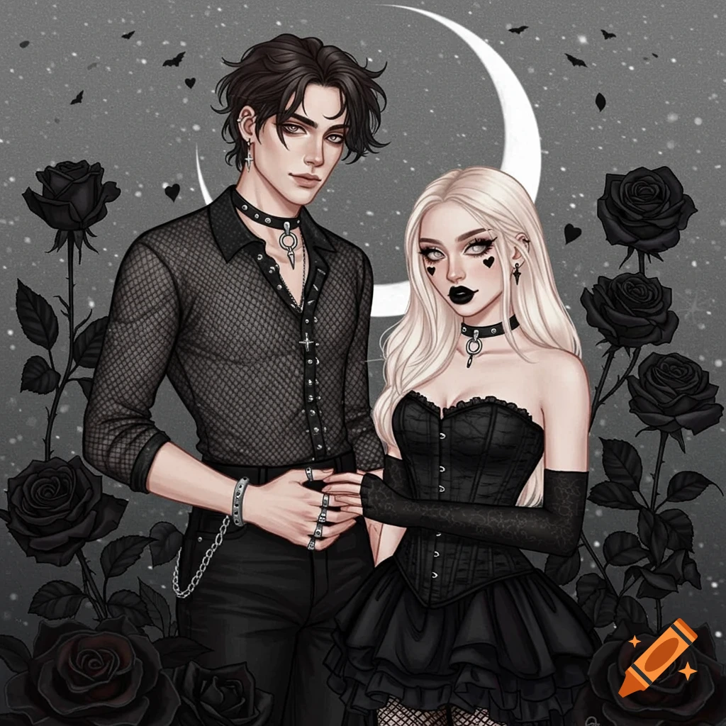 Stylized illustration of a gothic couple holding hands, with black roses and a crescent moon in the background.