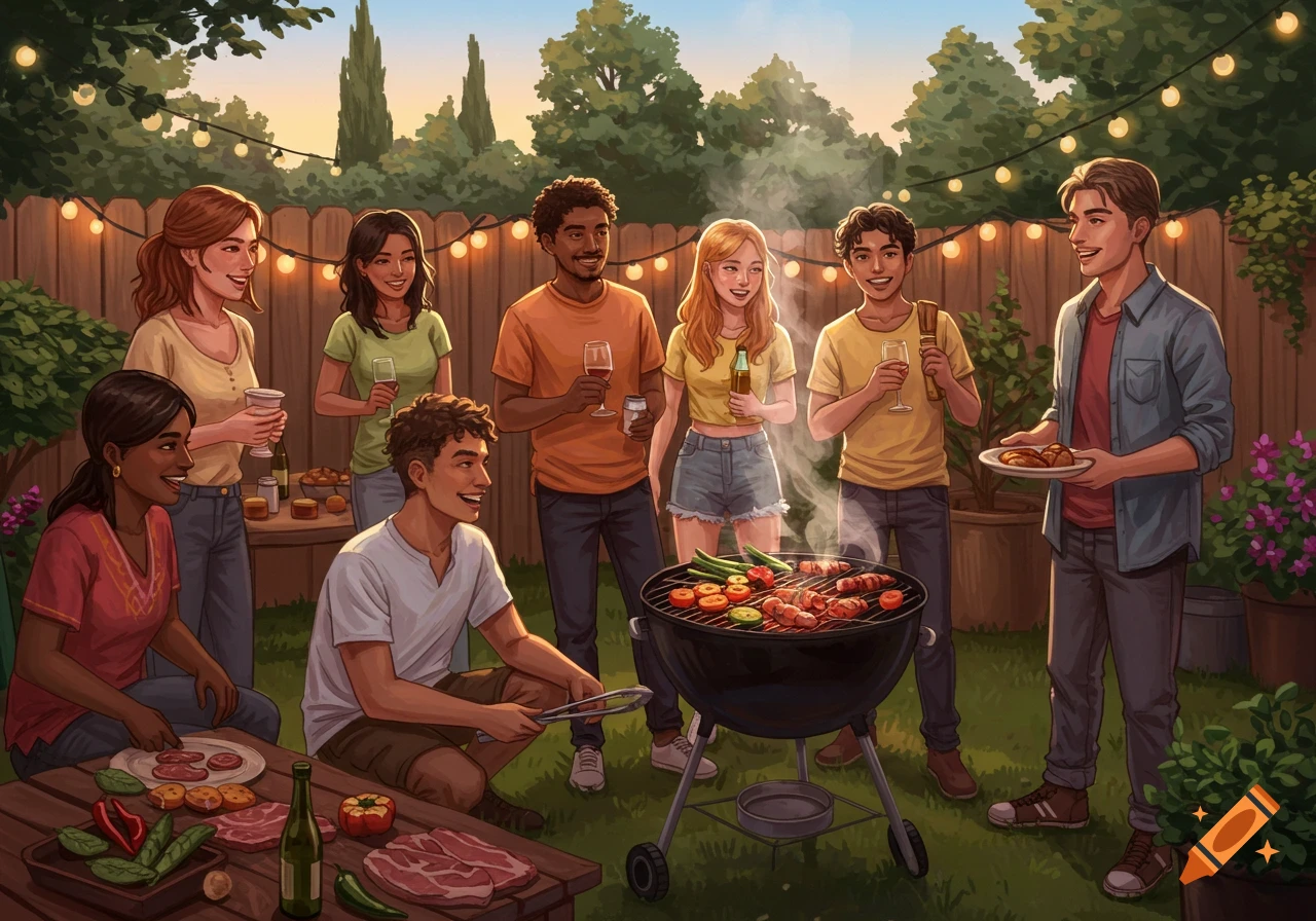An illustration of a diverse group of friends having a backyard BBQ with a grill, food, and drinks.
