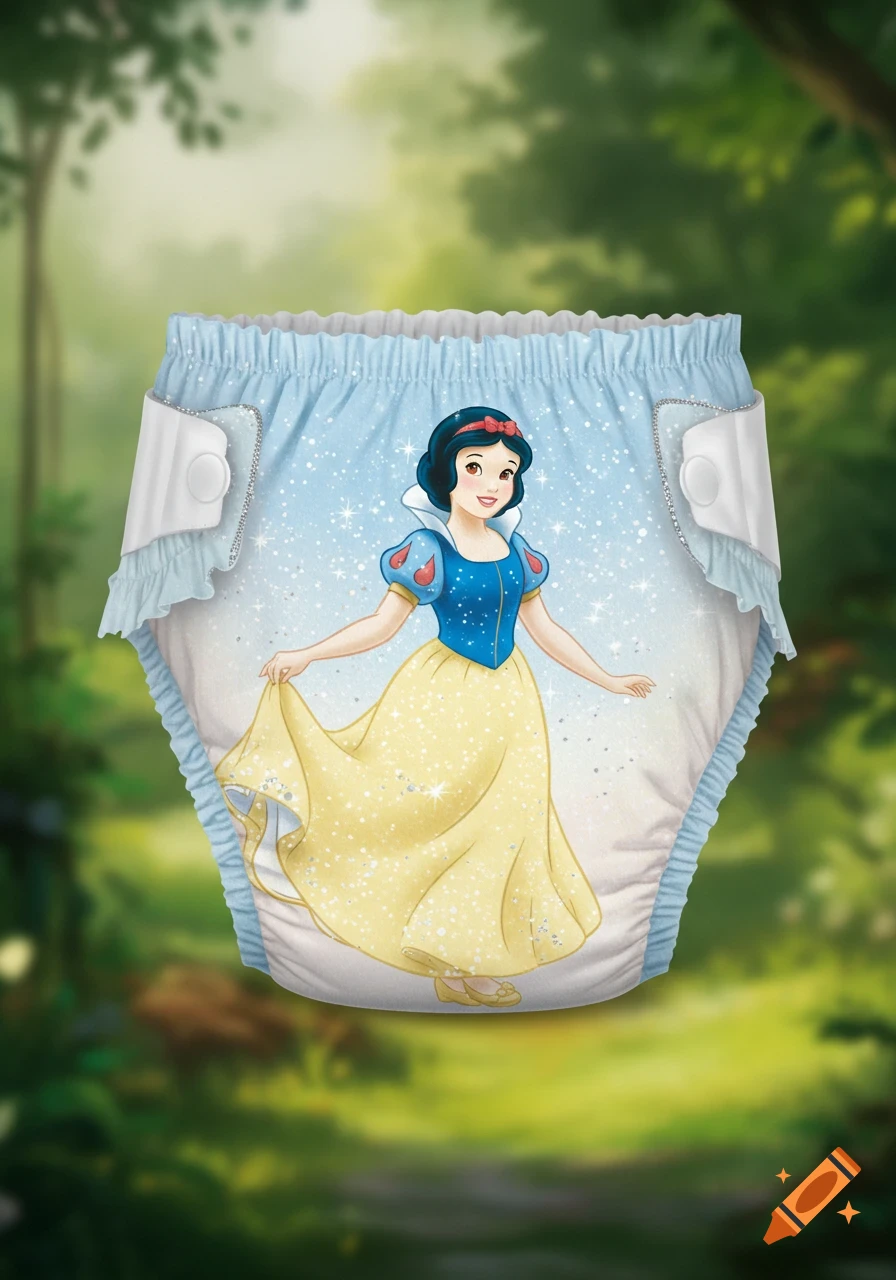 A white diaper with a cartoon illustration of Snow White in a yellow dress and blue bodice, surrounded by sparkles, against a blurred forest background.