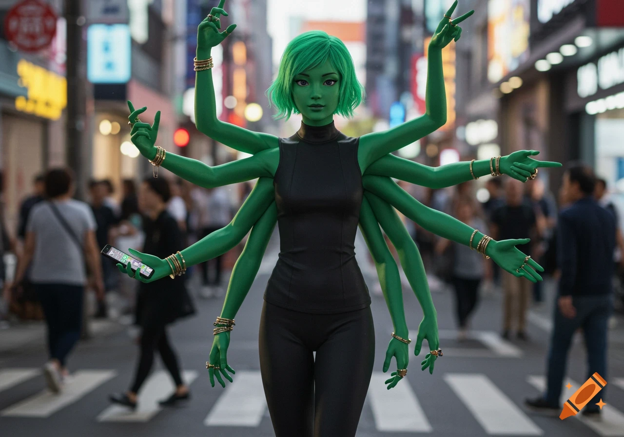 A photorealistic depiction of a green-skinned woman with eight arms and rings, holding a phone while walking on a busy city street.