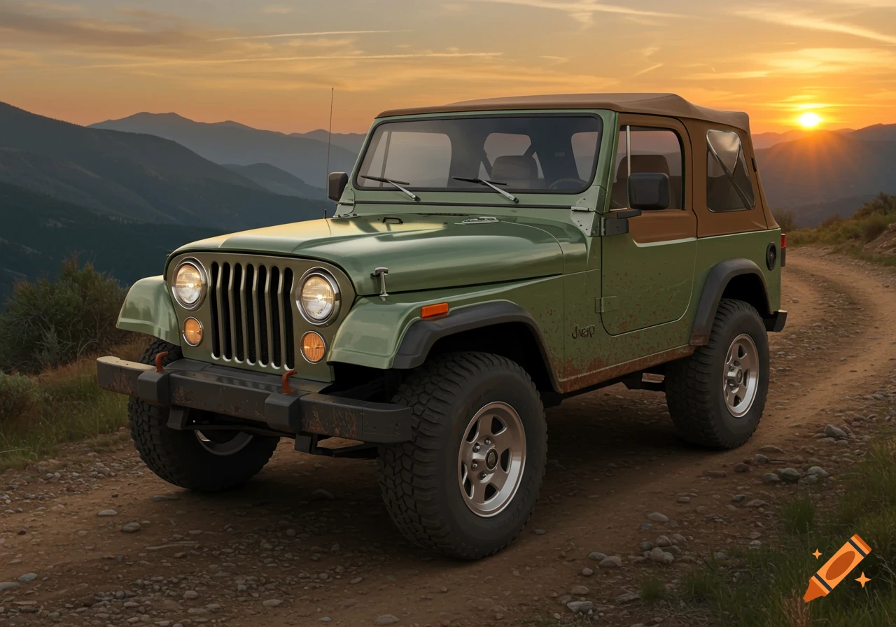 A photorealistic image of a green Jeep Wrangler parked on a dirt road with mountains and a sunset in the background.