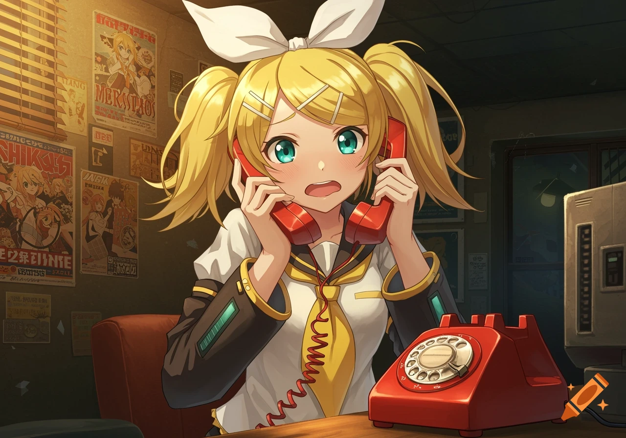 Anime illustration of Kagamine Rin, a blonde girl with twin tails, looking nervous while holding two red phone receivers to her ears. A red rotary phone is on the desk in a room with posters.