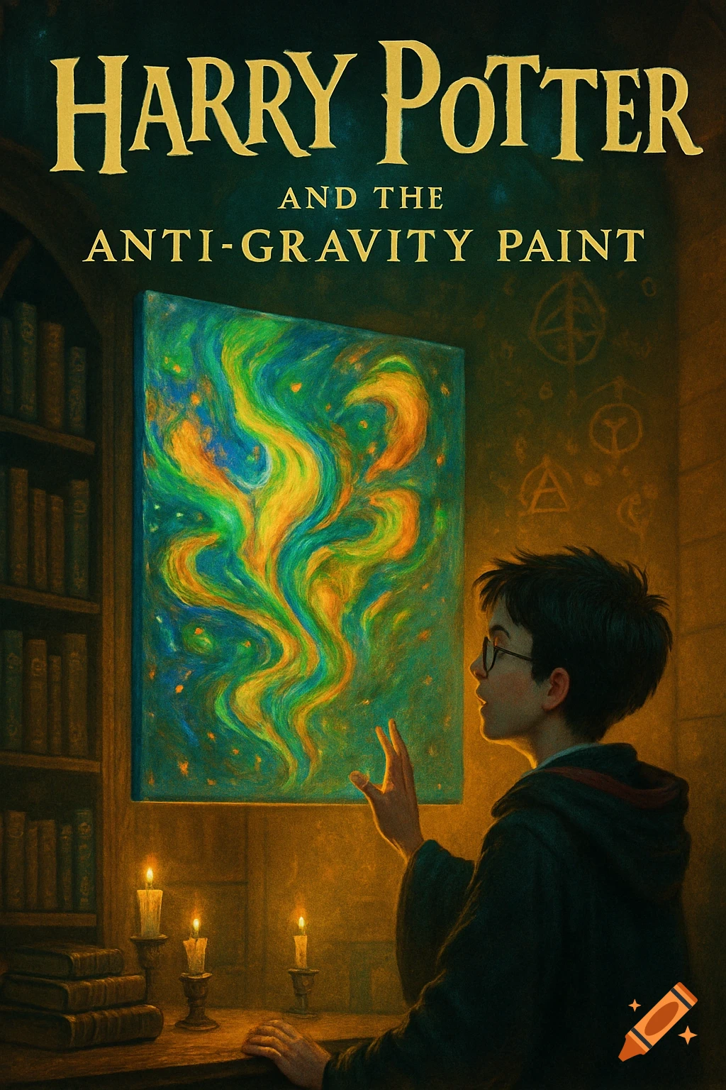 Book cover showing Harry Potter looking at a vibrant, swirling abstract painting, with candles and books. Text reads 'Harry Potter and the Anti-Gravity Paint'.