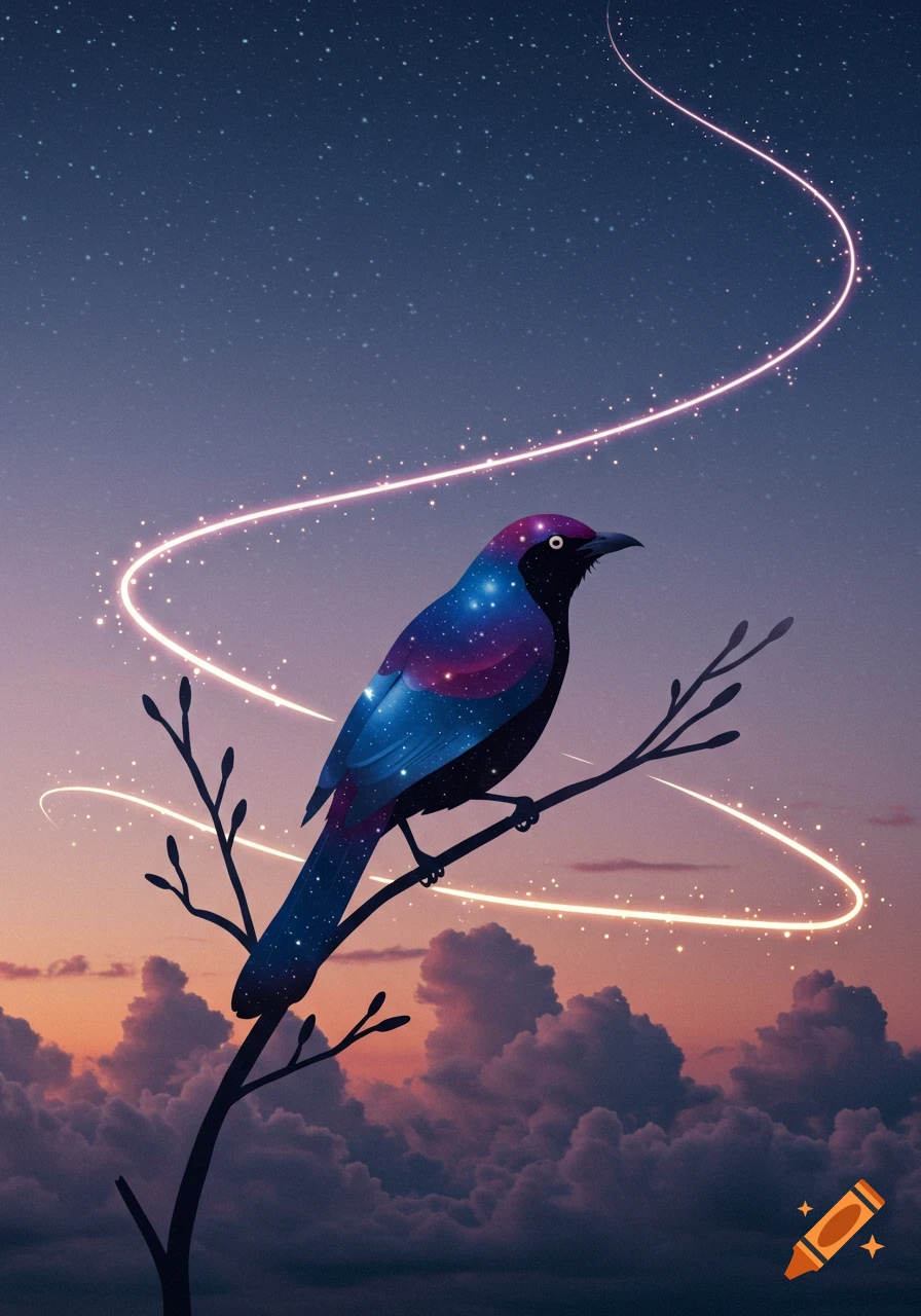 An illustrative bird with a galaxy-patterned body sits on a branch, illuminated by glowing light trails against a starry, twilight sky with clouds.